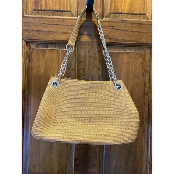 Woven Straw Shoulder Bag w/ Chain Straps Casual Lightweight Travel Vacation Bag - Picture 5 of 12